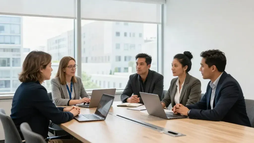 Les conseillers de Cadence RH réunis autour d'une grande table de travail dans leur bureau de Saguenay.