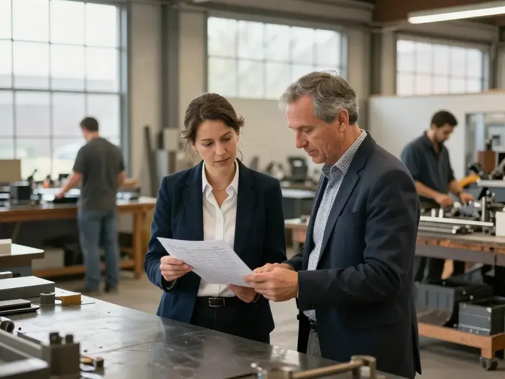 Une conseillère de Cadence RH et le propriétaire d'une PME manufacturière discutent près d'un poste de travail d'atelier à Saguenay.
